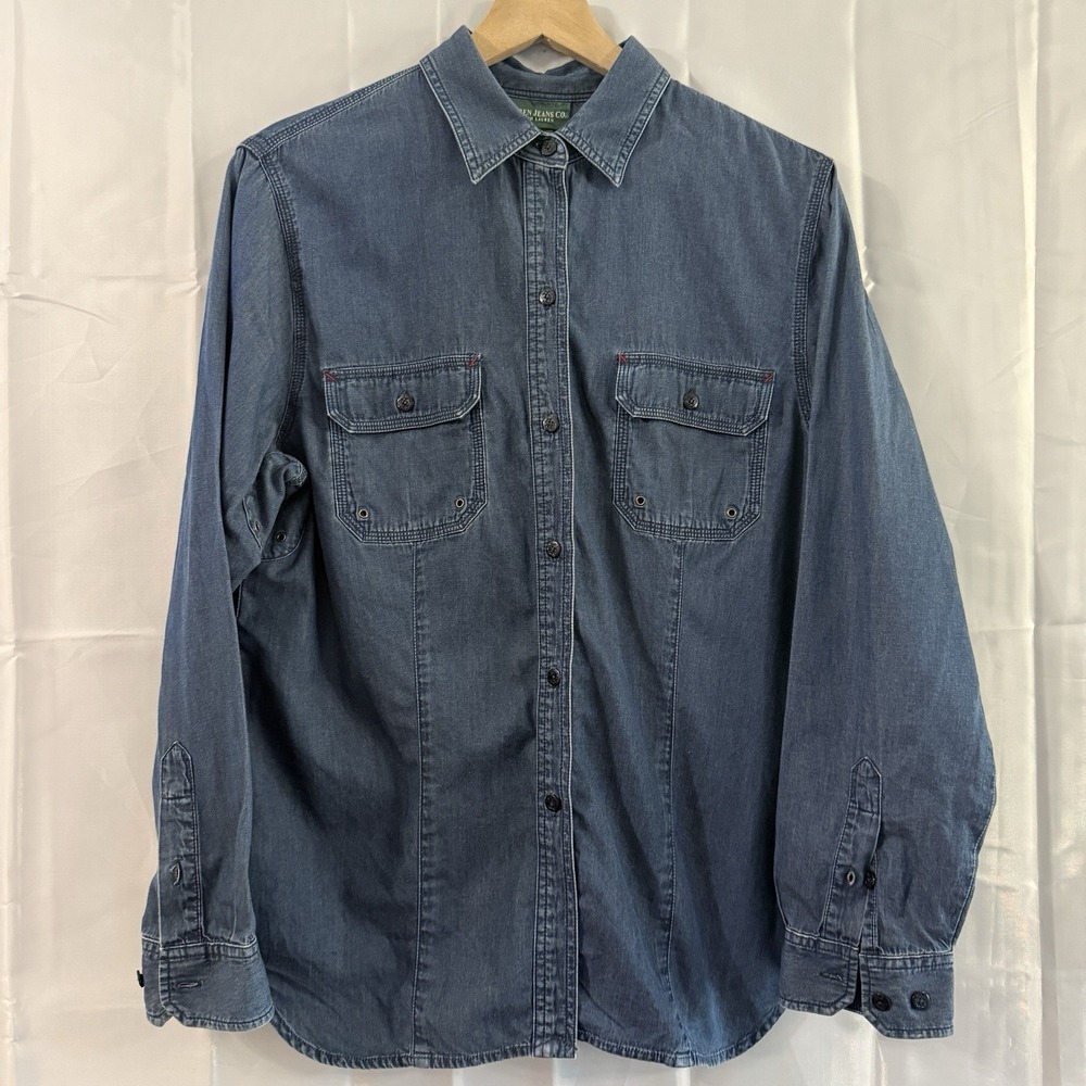 Vintage 90s Lauren Jean Shirt Blue Denim Chambray Button Down Ranch Western L